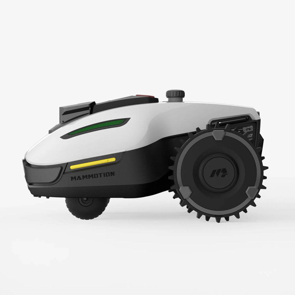 Mammotion YUKA mini 600 White Robot Mower – Side View with Off-Road Rear Wheels