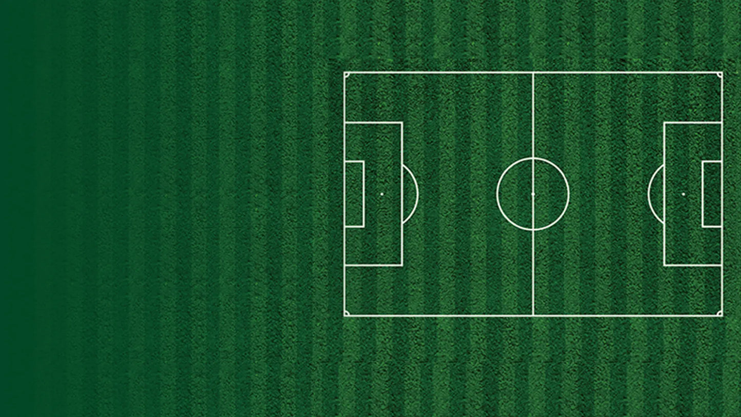 Top-down view of a soccer field with white lines on a green background
