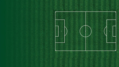 Top-down view of a soccer field with white lines on a green background