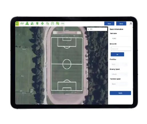 Tablet displaying an aerial view of a soccer field with interface elements.
