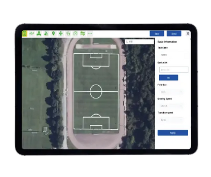 Tablet displaying an aerial view of a soccer field with interface elements.