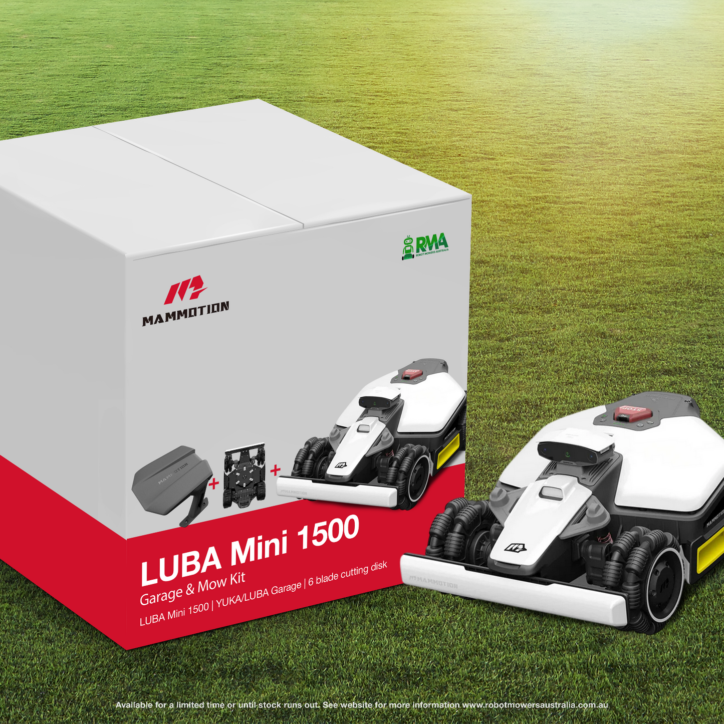 Mammotion LUBA Mini 1500 Garage & Mow Kit packaging on grass