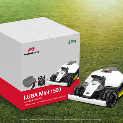 Mammotion LUBA Mini 1500 Garage & Mow Kit packaging on grass