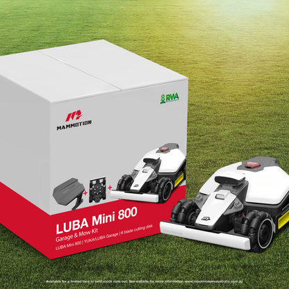 Mammotion LUBA Mini 800 robot mower packaging on grass
