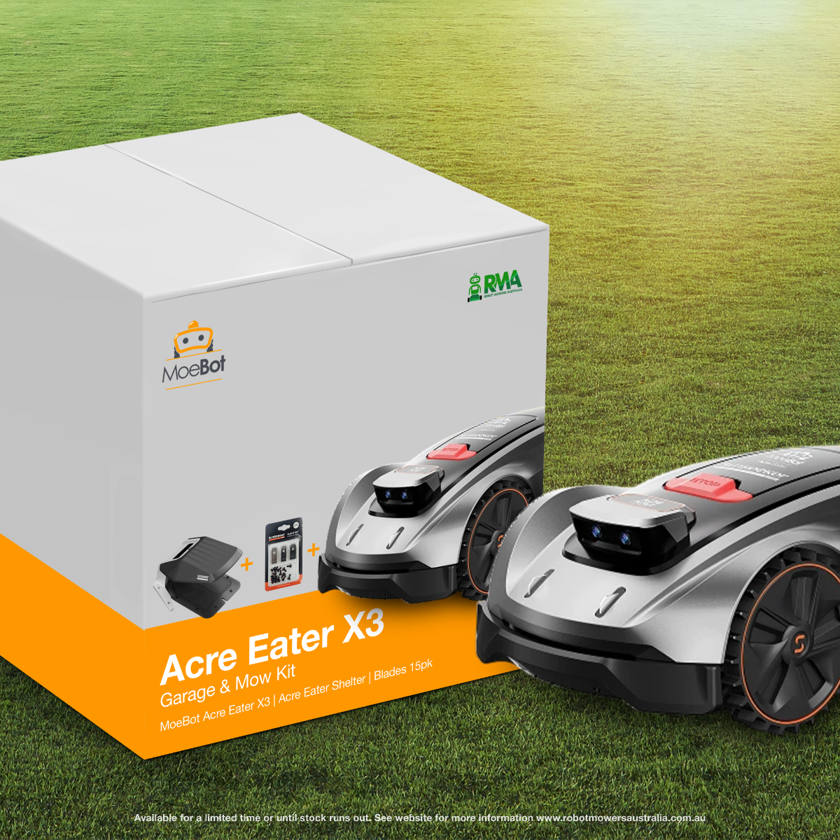 Robotic lawn mower with packaging on a grassy background