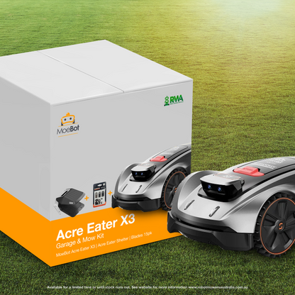Robotic lawn mower with packaging on a grassy background