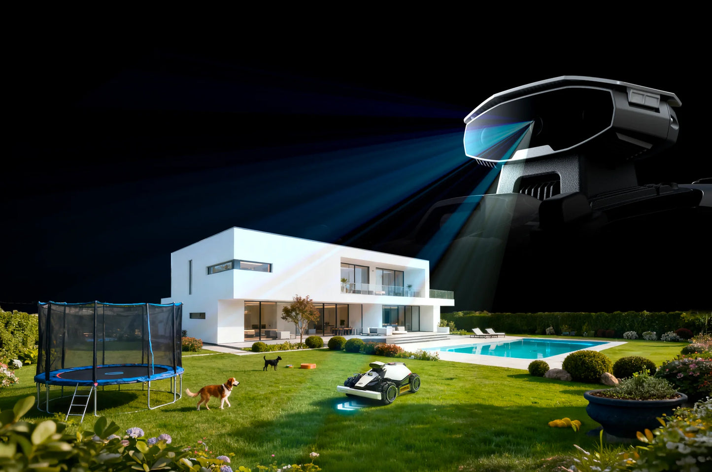 Robot lawn mower owing at night 