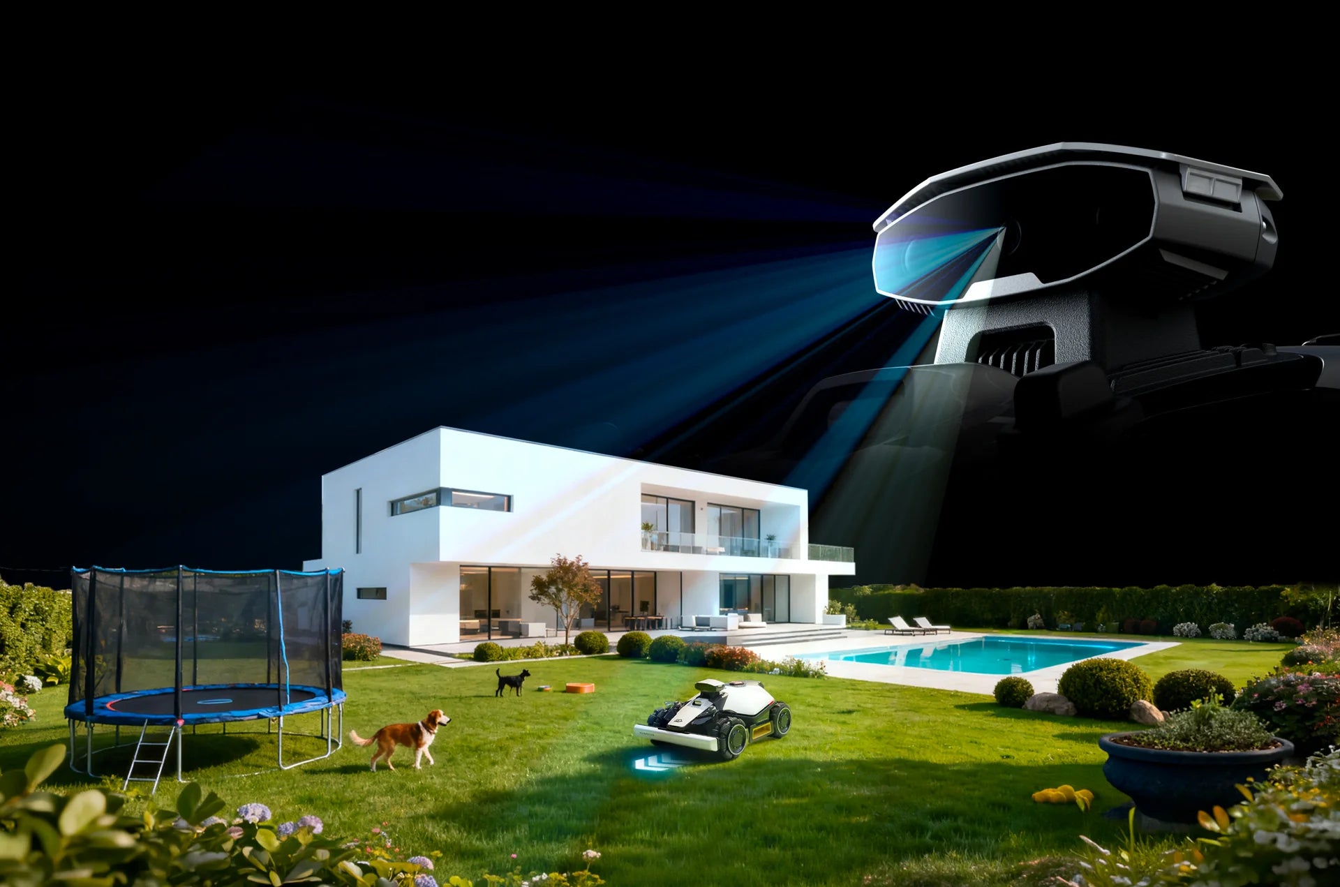 Robot lawn mower owing at night 