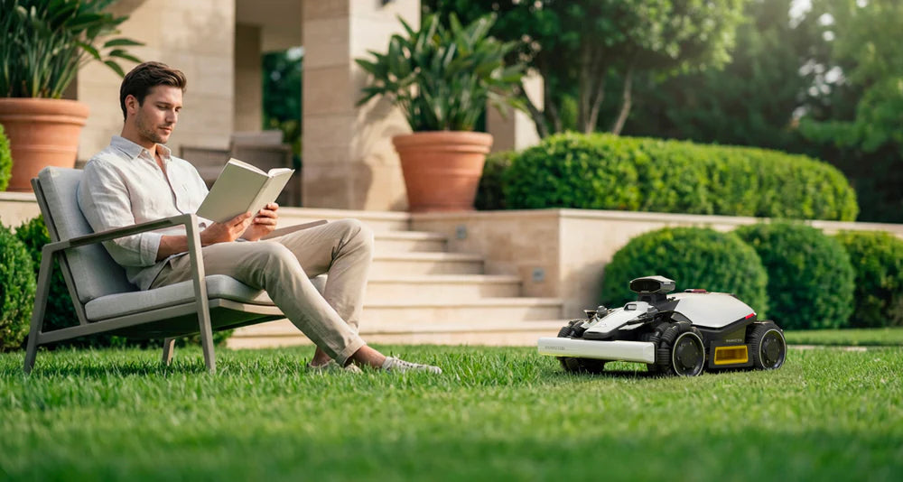 Man reading a book in a garden with a robot lawn mower nearby