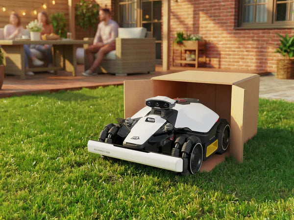 Robotic lawn mower cutting grass 